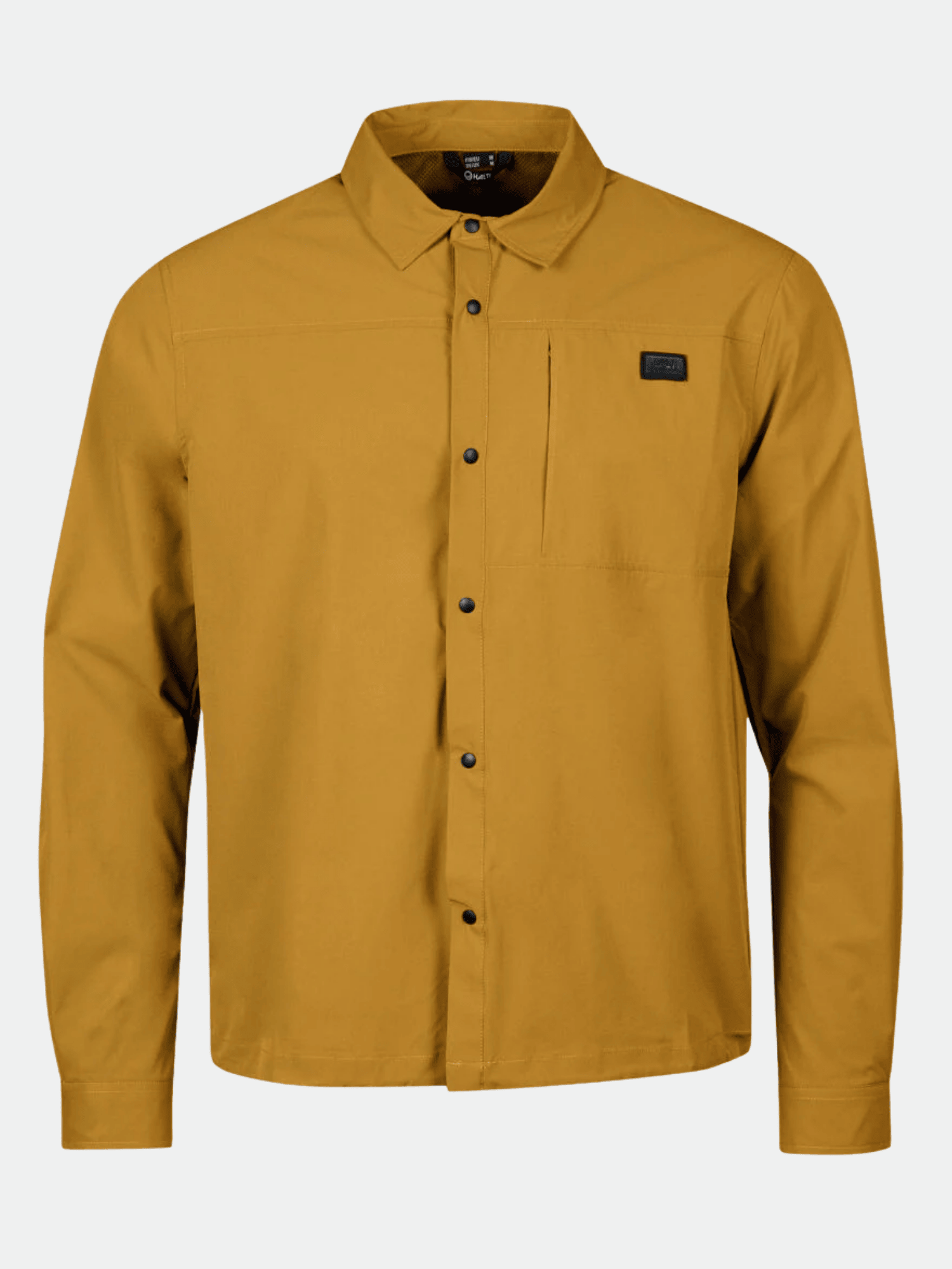 Halti Bluusi Unisex Shirt: mustard yellow, long-sleeve, button-up with collar & chest pocket, breathable fabric.