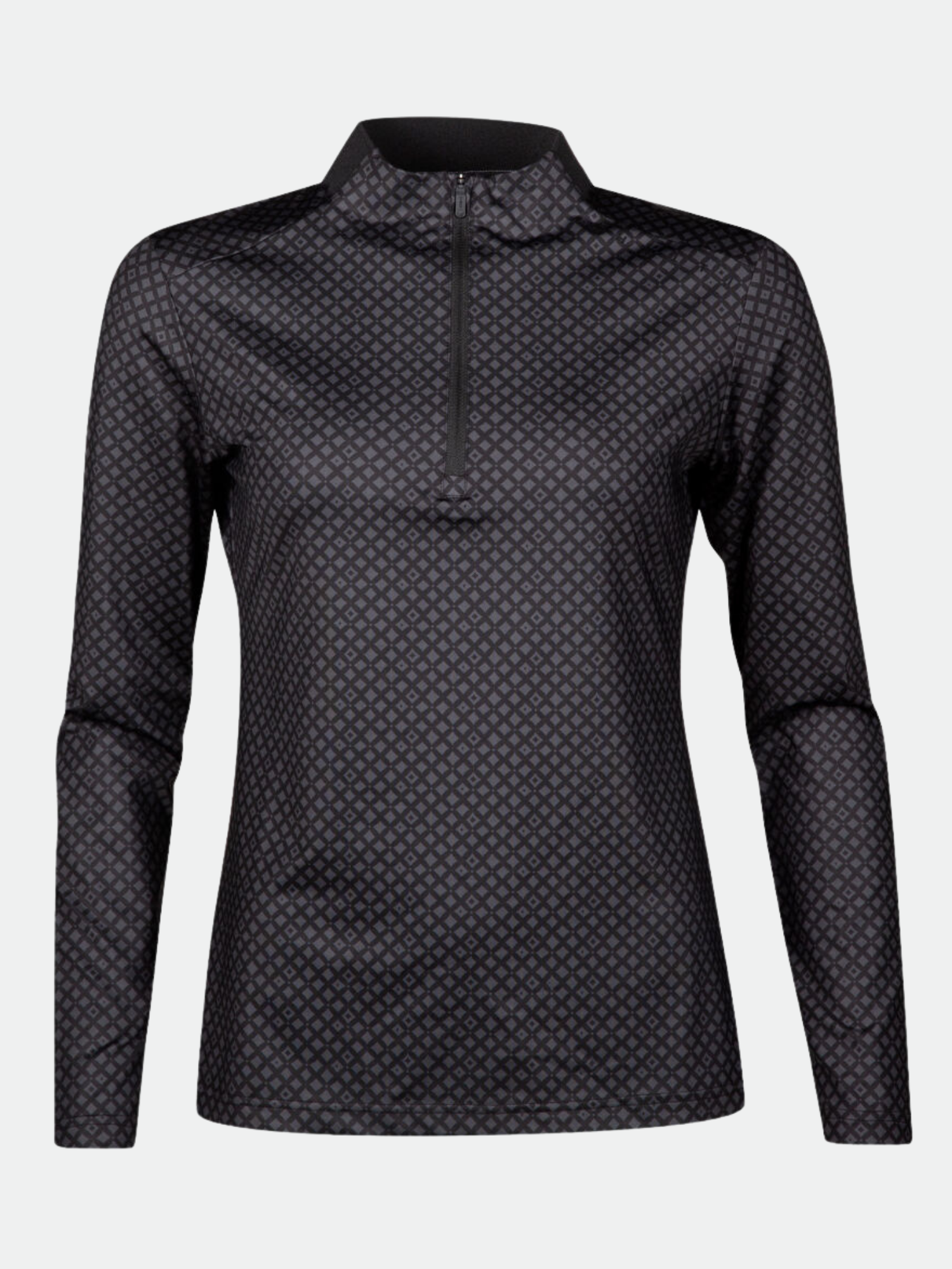 Halti Fairway Womens Long Sleeve Shirt: black quarter-zip, geometric pattern, moisture-wicking fabric.