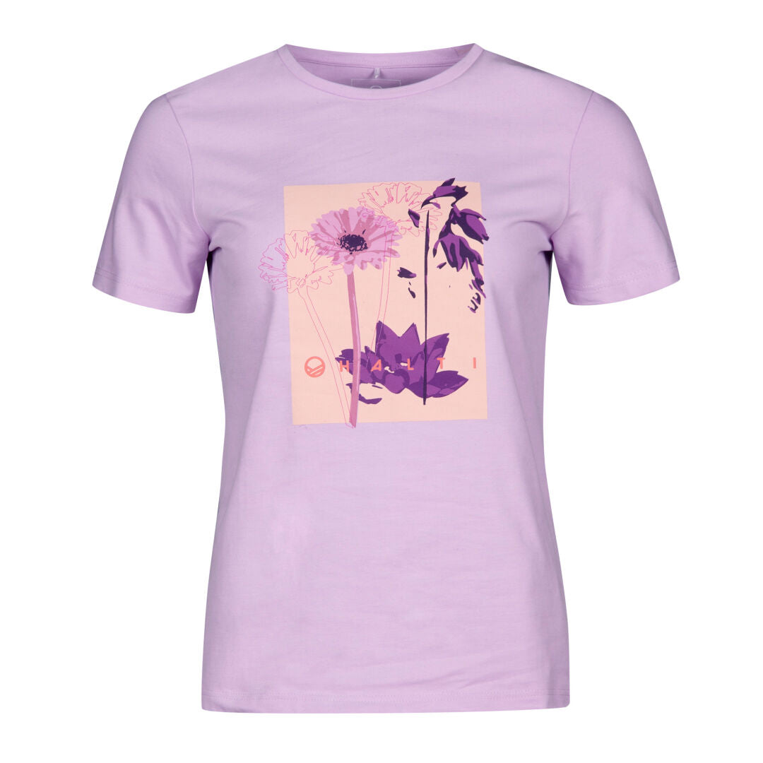 Halti Matka T-shirt Womens in light purple organic cotton, featuring a pink rectangle with purple and pink flowers on front.