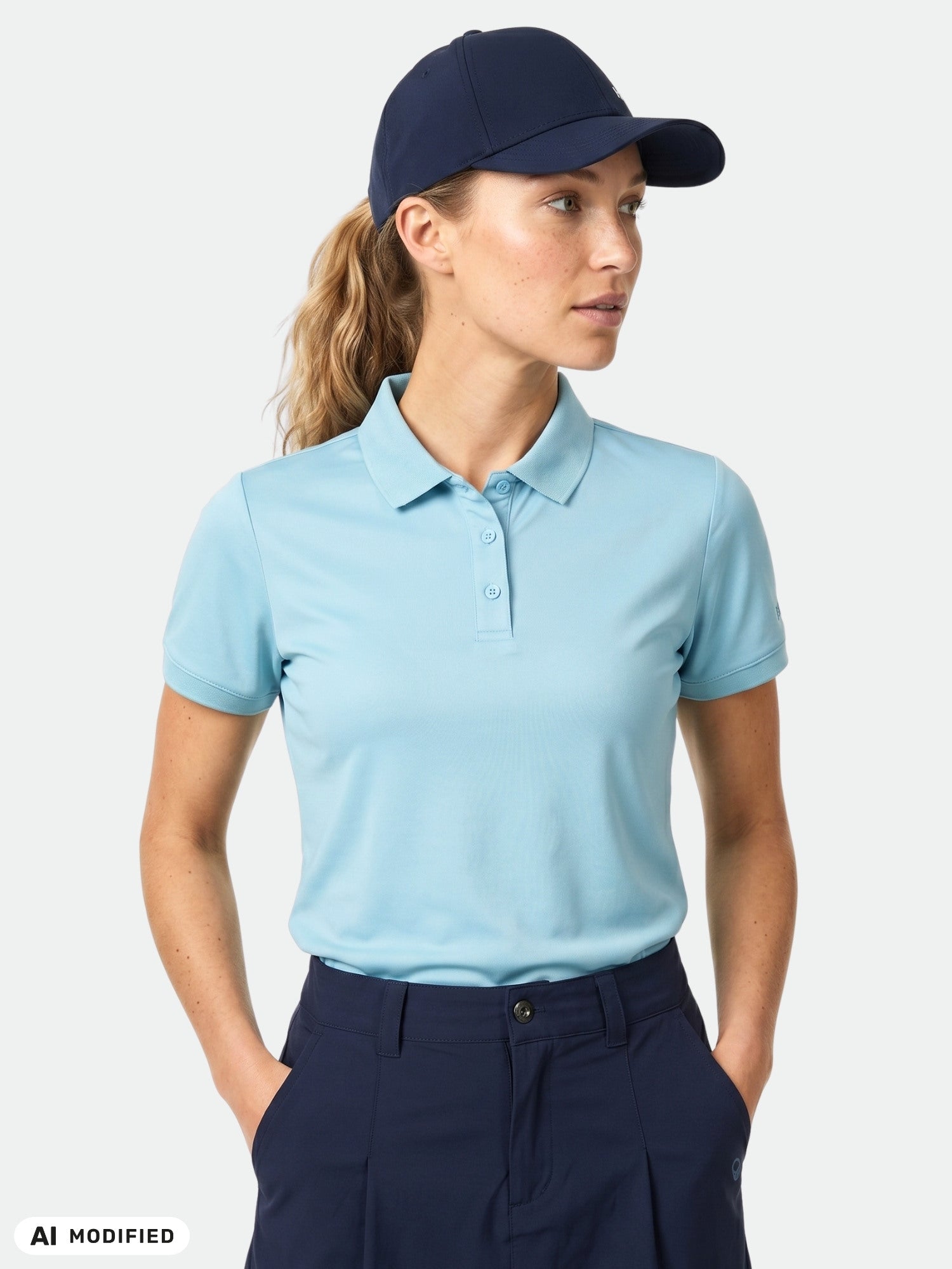 A woman wears the Halti Laine Technical Polo Shirt in light blue, navy pants, and a navy cap against a white background.