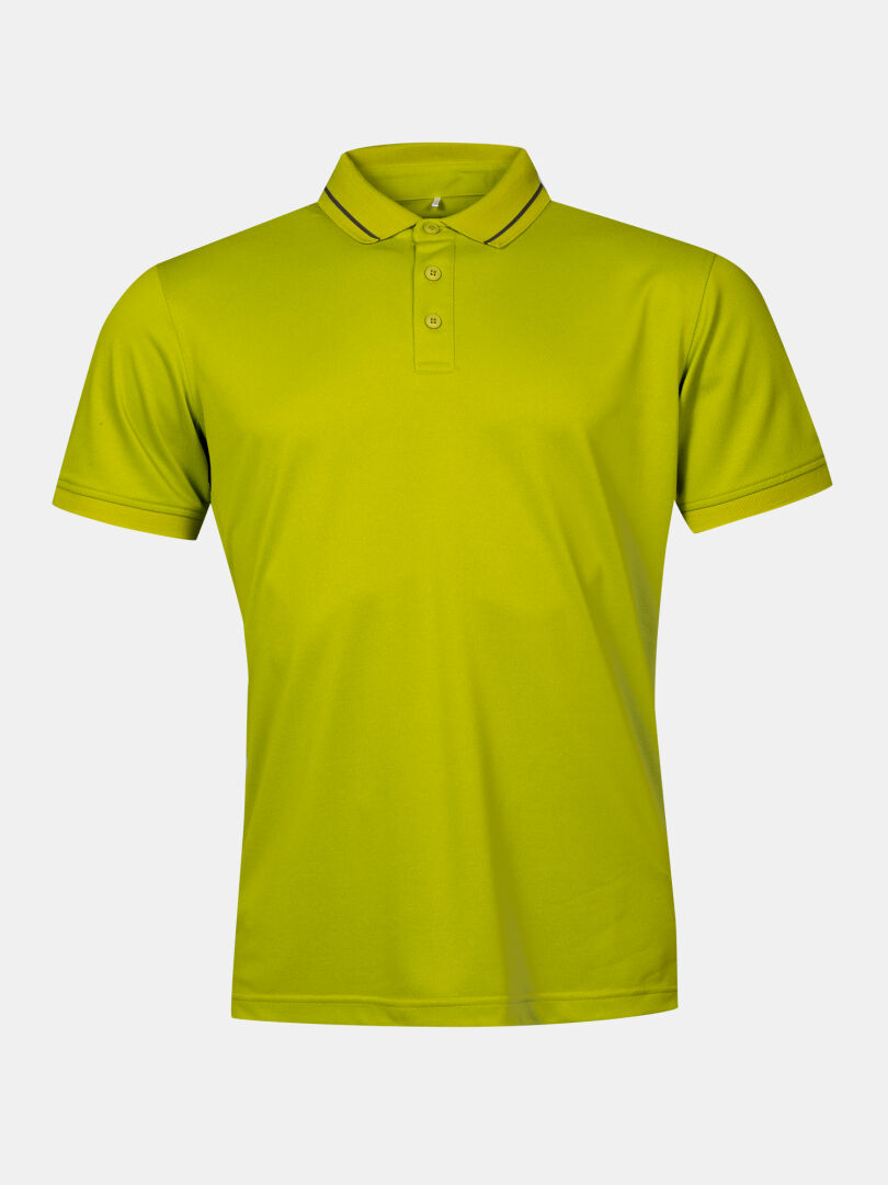Halti Laine Technical Polo Shirt Men's: bright green, short-sleeve, collared with three buttons on white background.