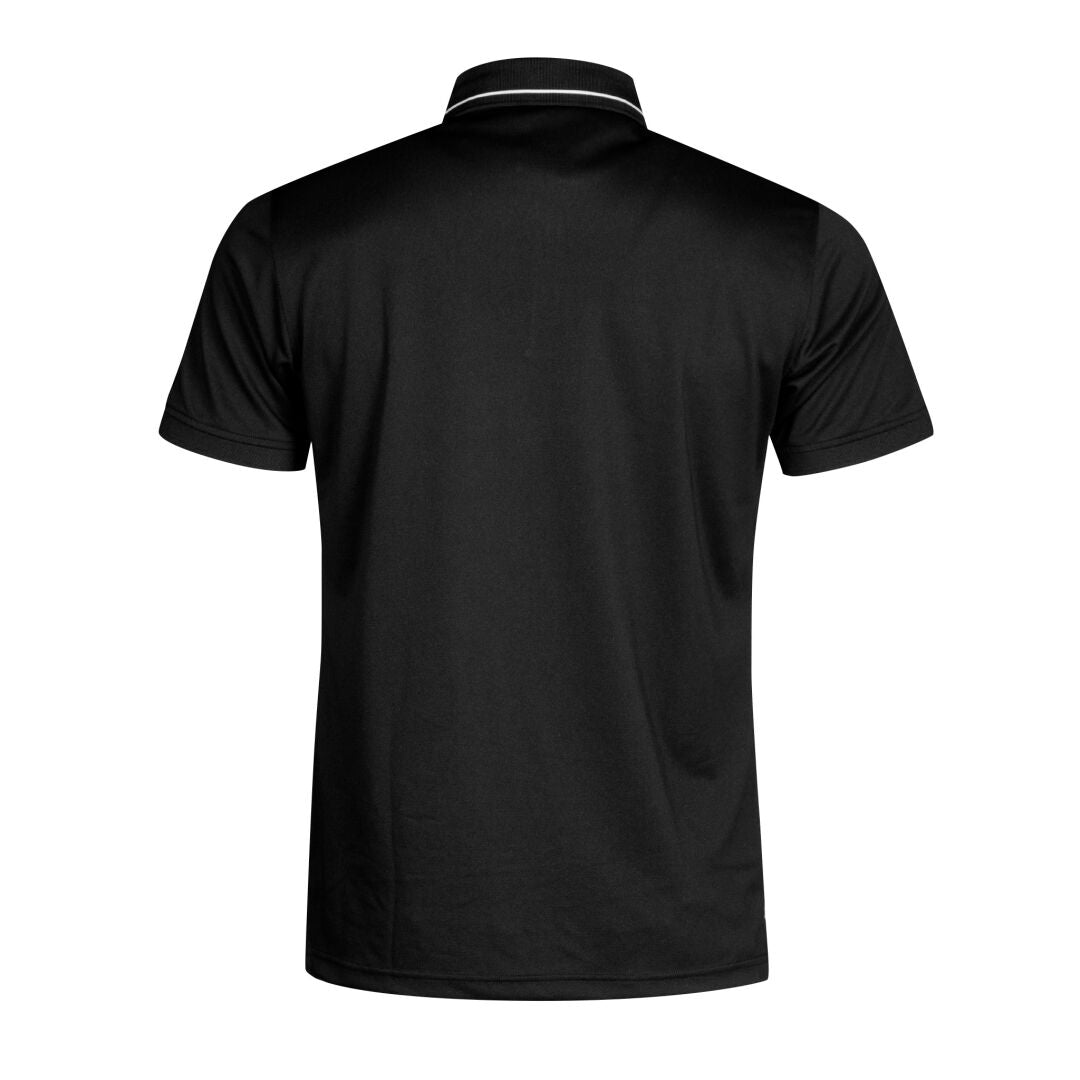 Back view of Halti Laine Technical Polo Shirt Men's in black, breathable fabric, plain with no visible logos or designs.