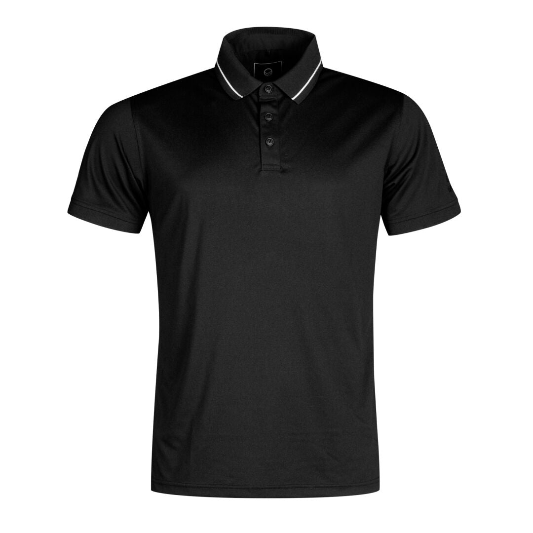 Halti Laine Technical Polo Shirt Men's: black, short-sleeve, collar, buttons, white trim, breathable fabric.