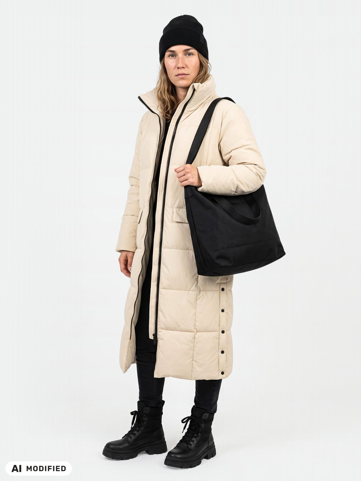 A person wears a beige Halti Penger Winter Jacket, a black beanie, black pants, lace-up boots, and a tote bag.