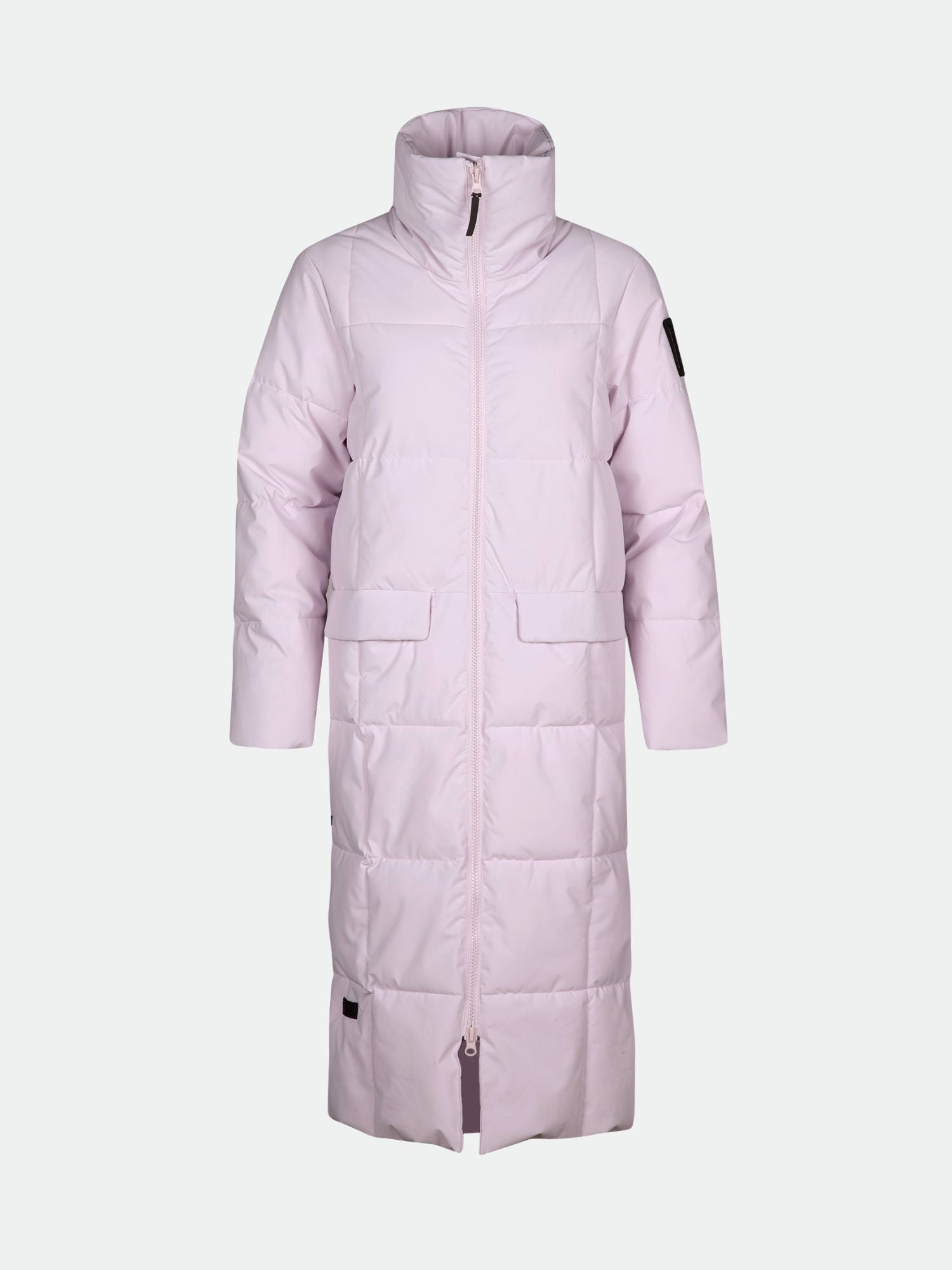The Halti Penger Winter Jacket Women's is a long, light purple coat with Microtherm® fill, high collar, zipper, and 2 pockets.