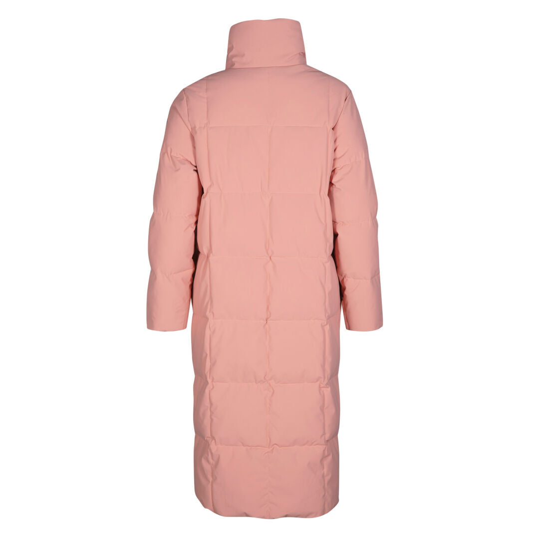 The Halti Penger Womens long light pink winter jacket with high collar, shown from the back on white background.