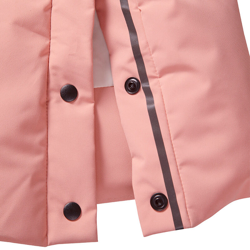 Close-up of Halti Penger Winter Jacket Womens in pink with black snap buttons, DrymaxX® fabric, and black stripe trim.