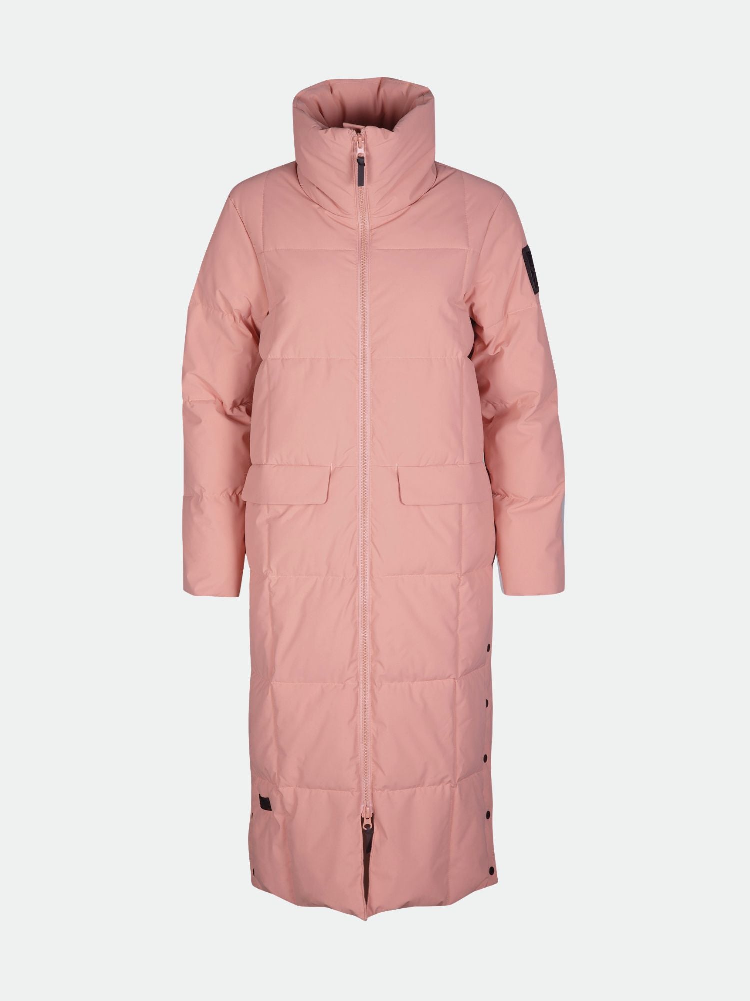 Halti Penger Winter Jacket Women's in long pink, high collar, front zip, side buttons, black patch on upper left sleeve.