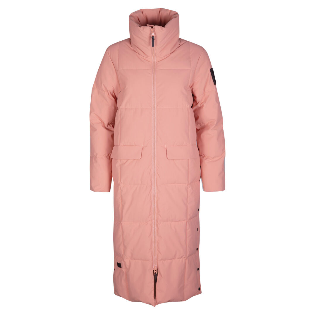 Halti Penger Winter Jacket Womens: long pink puffer with high collar, front zip, snap buttons, and DrymaxX® fabric.