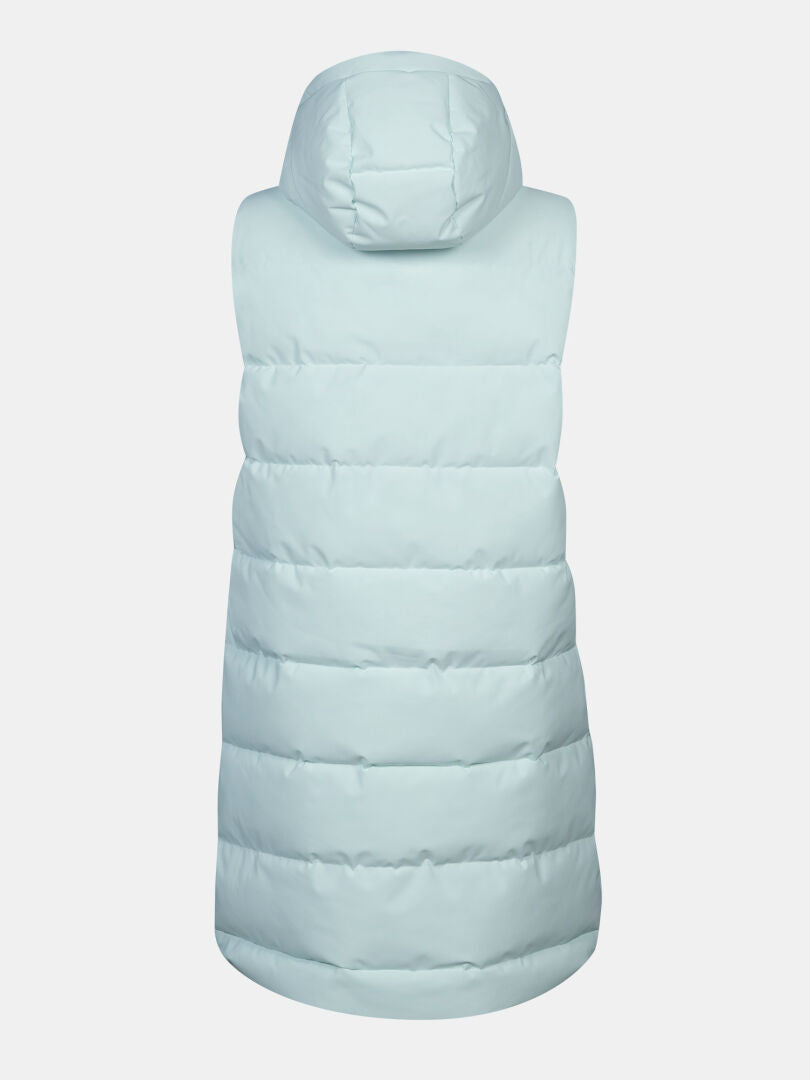 Halti Penger Puffer Vest Women’s in light blue, hooded and windproof, shown from the back on a plain white background.
