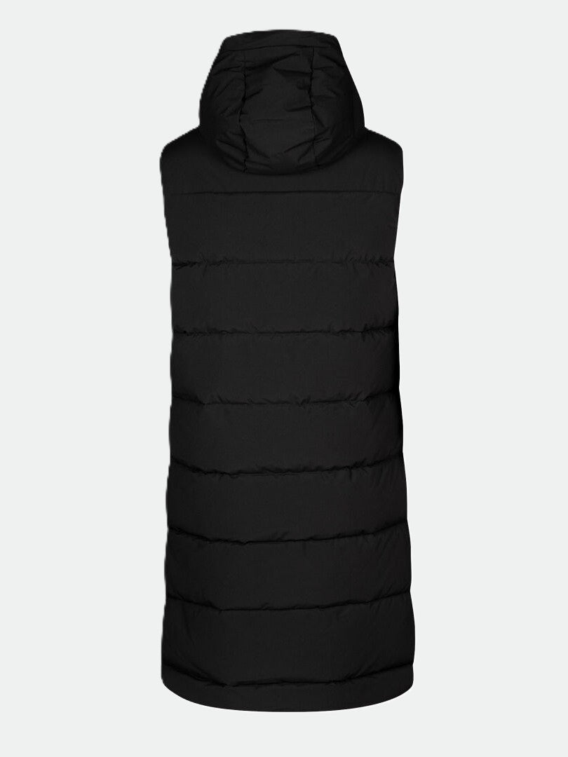 Back view of Halti Penger Puffer Vest Womens in black, hooded, recycled polyester, horizontal stitching, plain background.