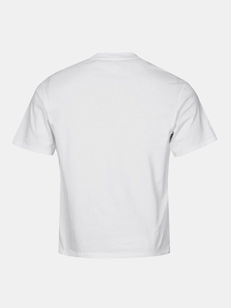 Back view of a Halti Skaltsi unisex oversized t-shirt in plain white, shown on a light gray background.