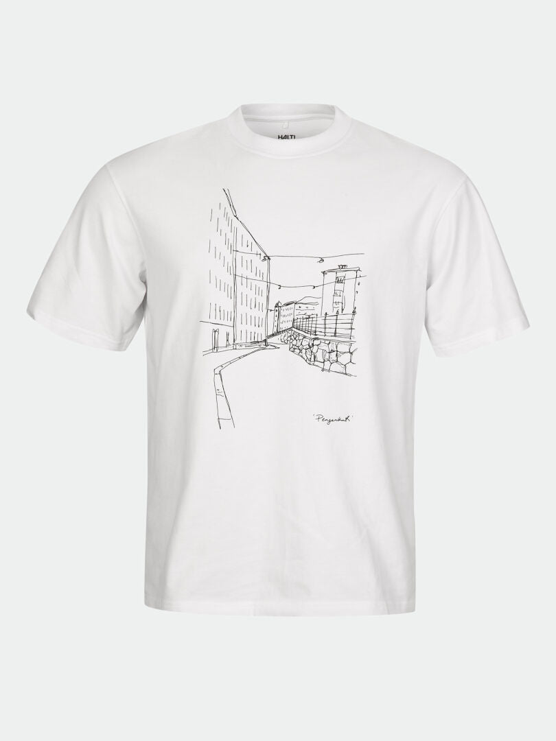 Halti Skaltsi T-shirt Unisex: soft organic cotton with a simple black line cityscape design.