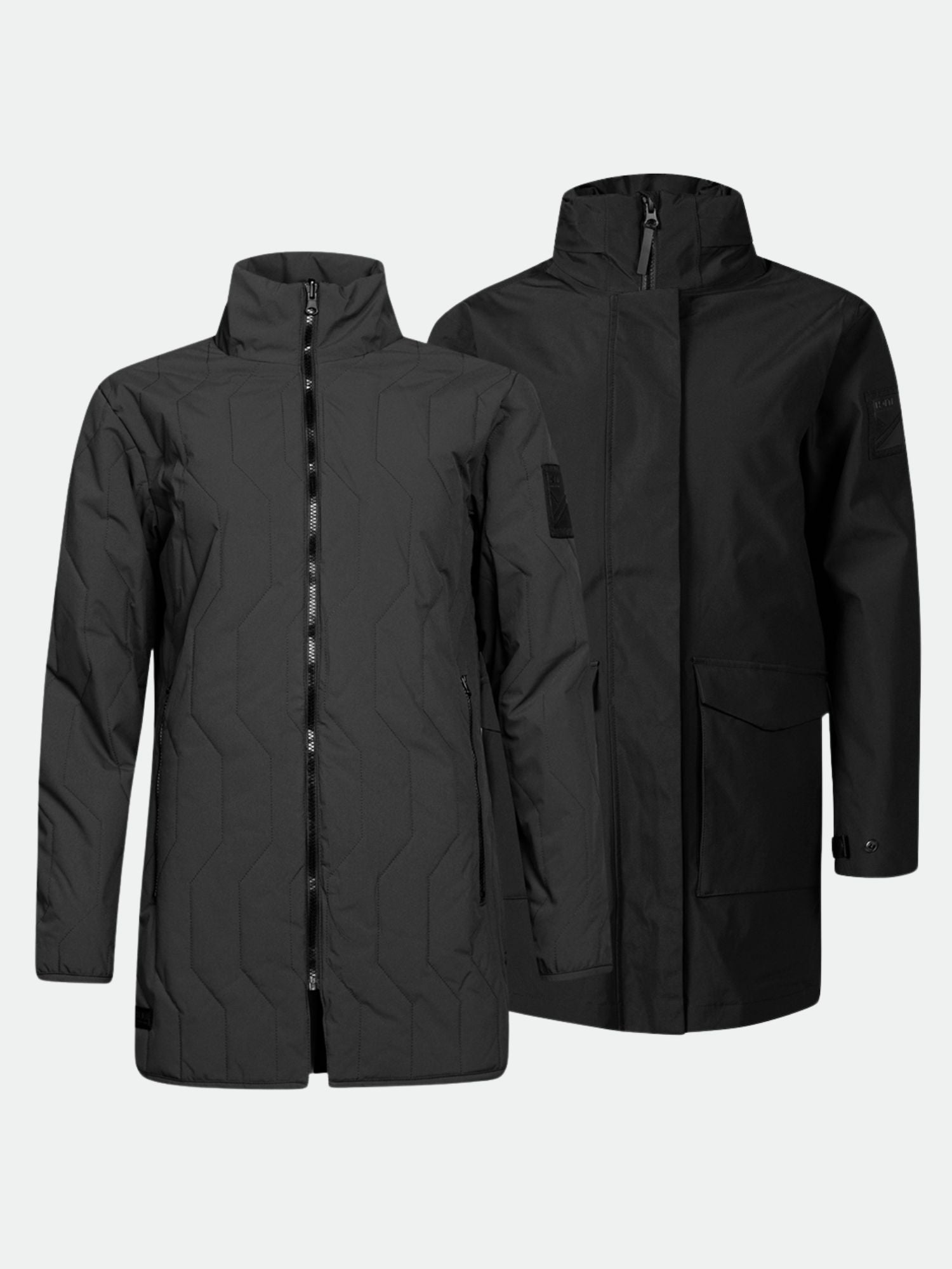 Two black Halti Synkas 3in1 DrymaxX Parka Women's—knee-length, waterproof jackets with zippers and high collars.