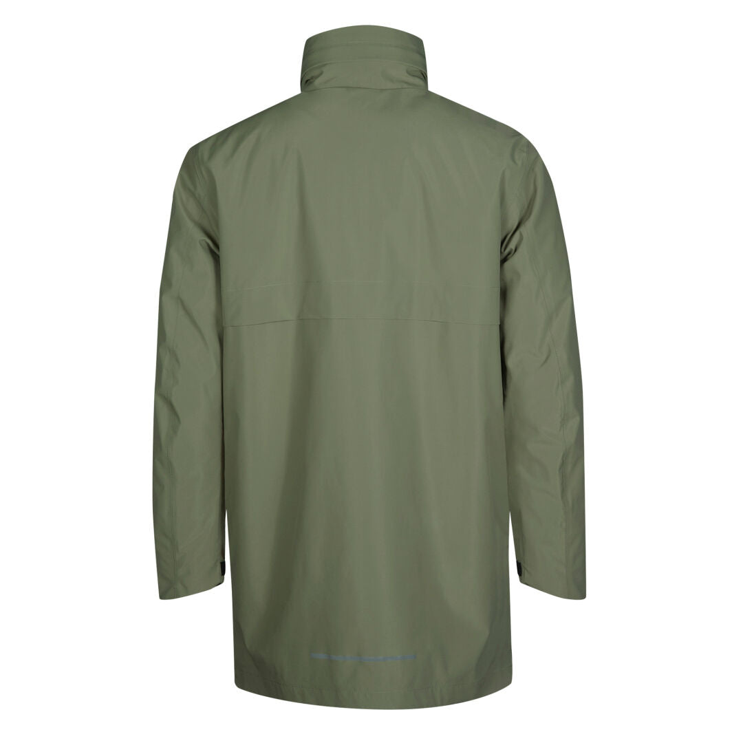 The Halti Synkas 3in1 DrymaxX Parka Men’s in olive green is shown from the back with a high collar and straight hem.