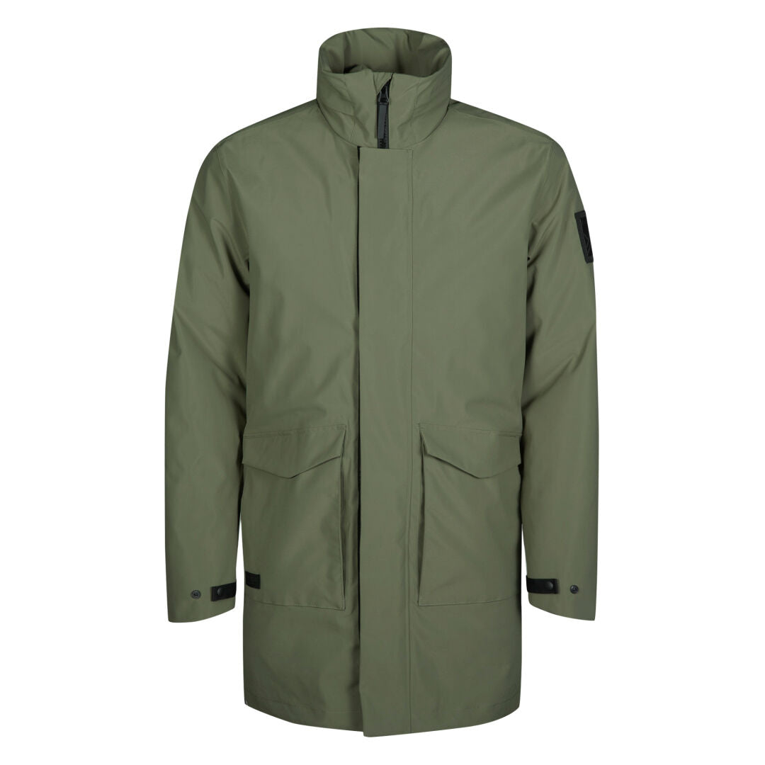 Halti Synkas 3in1 DrymaxX Parka Mens in olive green with front pockets, high collar, and concealed zipper closure.
