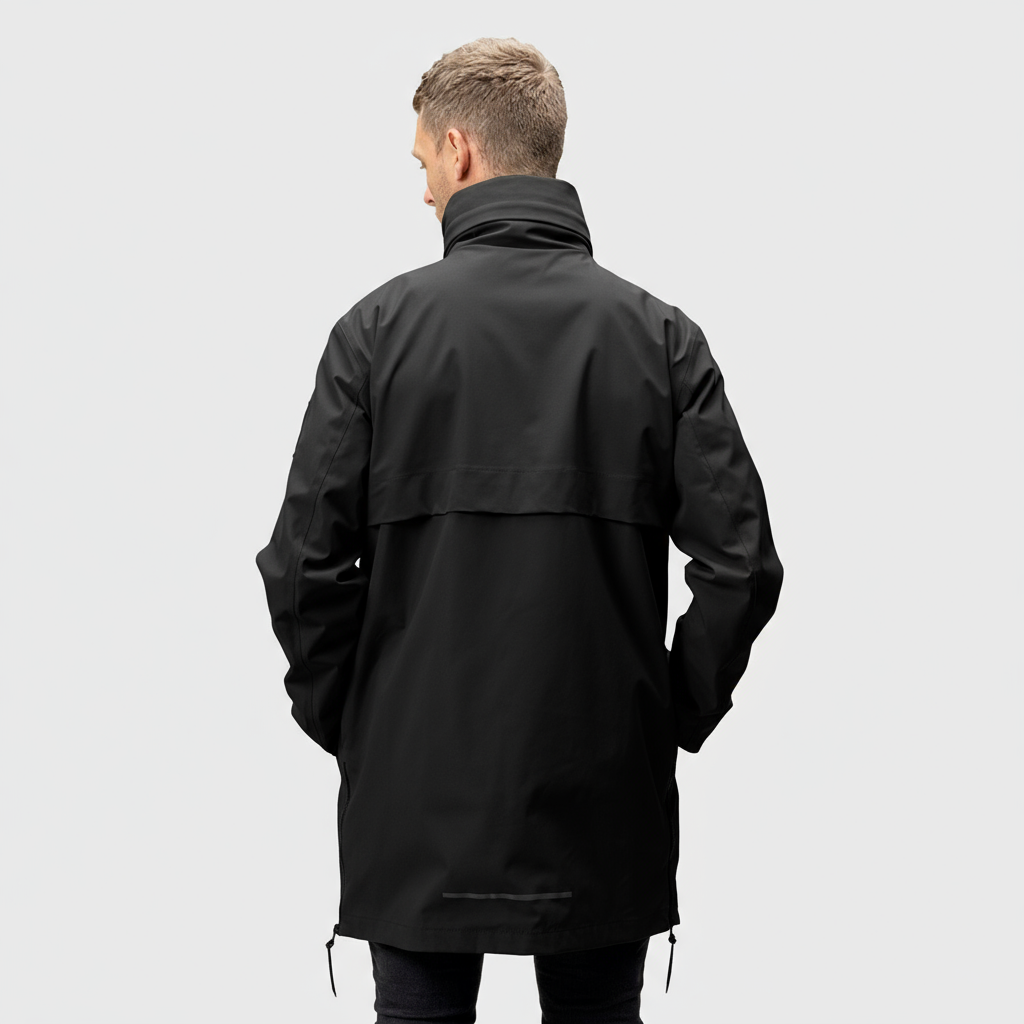 A person wears the Halti Synkas 3in1 DrymaxX Parka Men's, facing away against a plain light gray background.