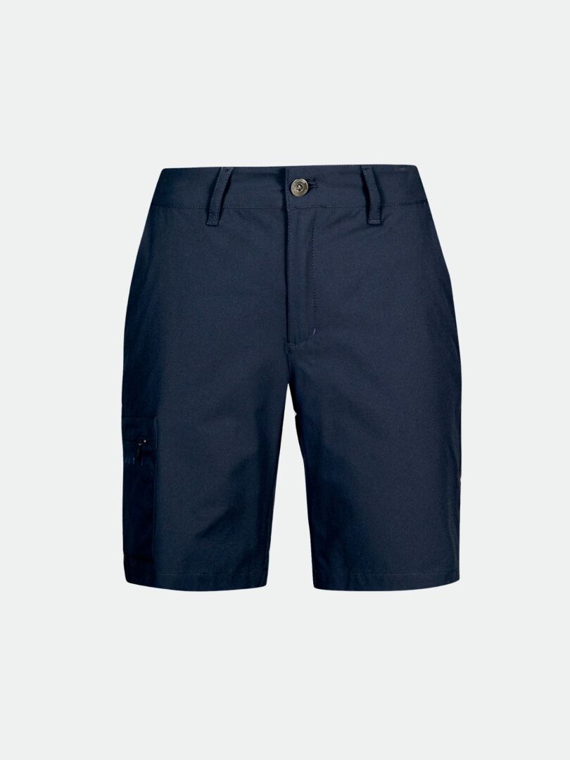 Halti Drive X-stretch Shorts Women's Plus: navy blue, quick-dry, stretch, button/zip closure, front & left cargo pockets.