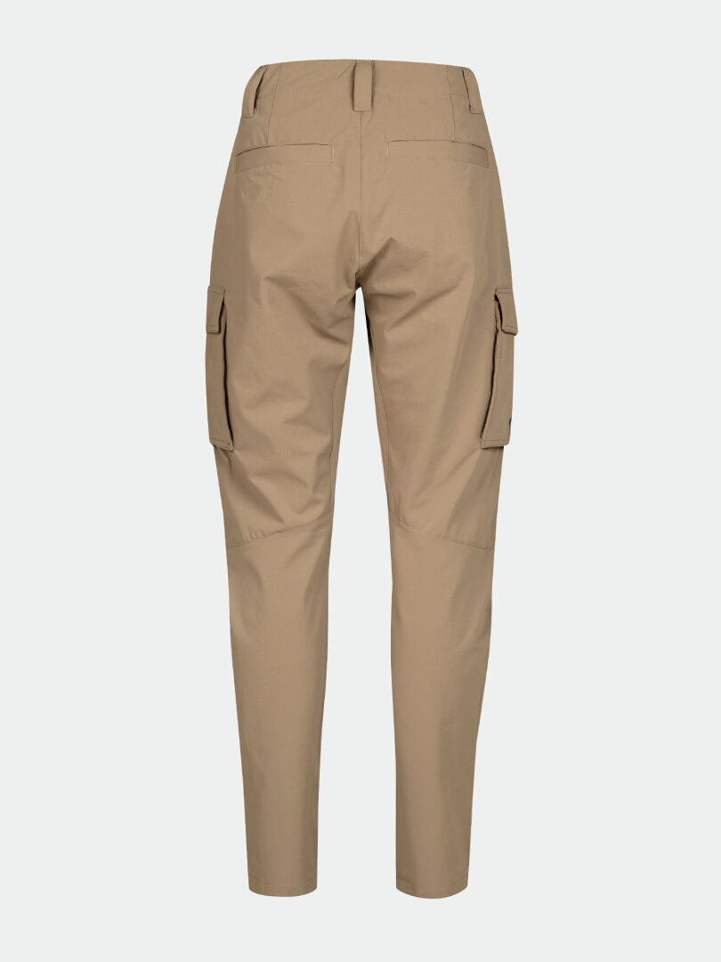 Back view of Halti Roams Cargo Pants Womens in tan, featuring rear and side pockets, shown on a plain white background.