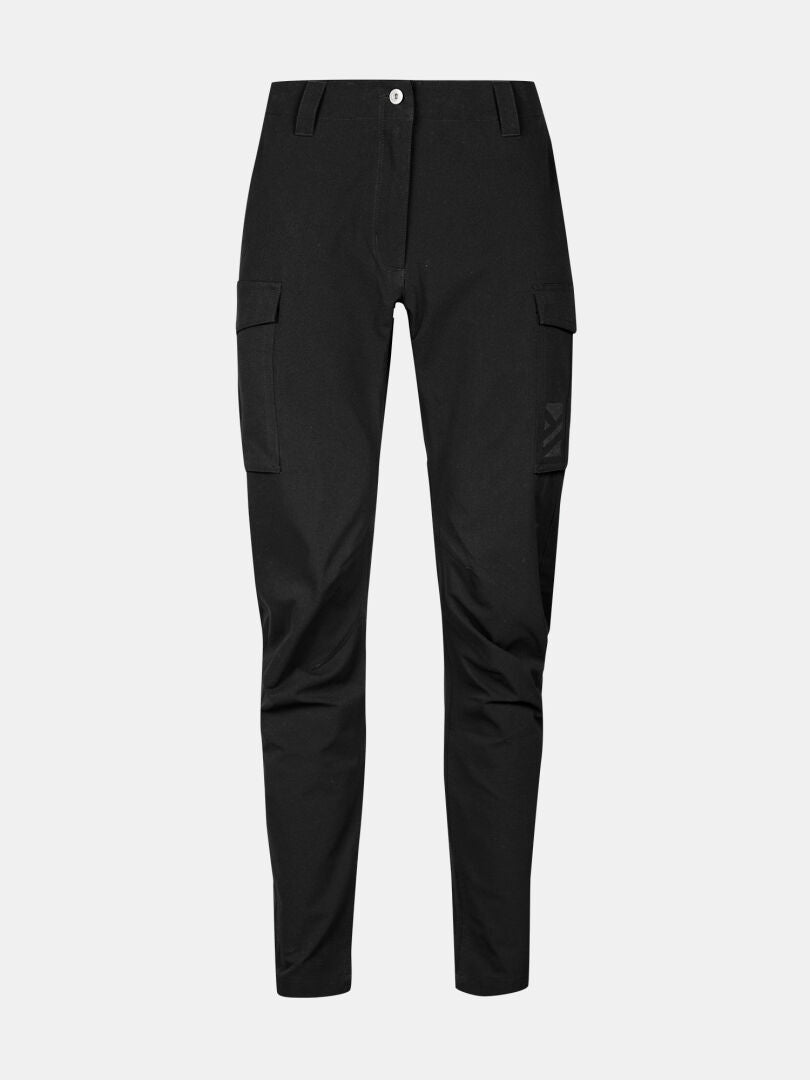 Halti Roams Cargo Pants Womens in black with button-zip closure, straight legs, and side pockets on white background.