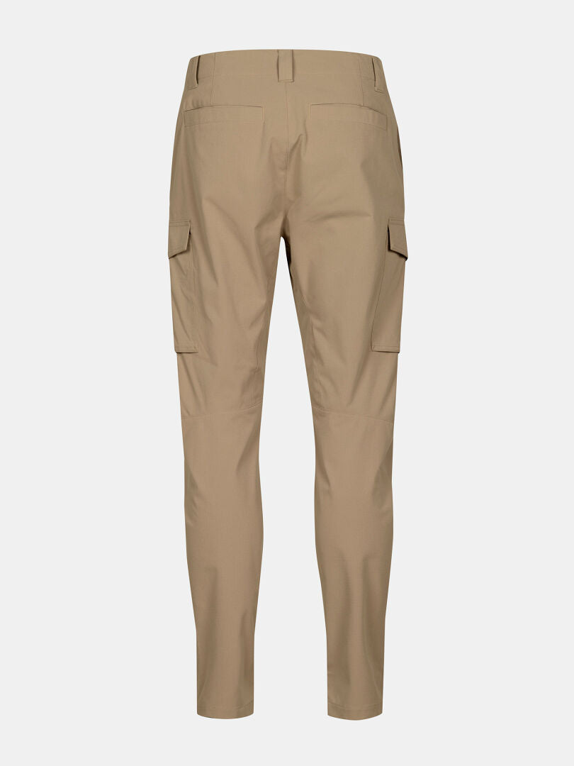 Back view of Halti Roams Cargo Pants Mens in beige with belt loops, side cargo and welt pockets on white background.