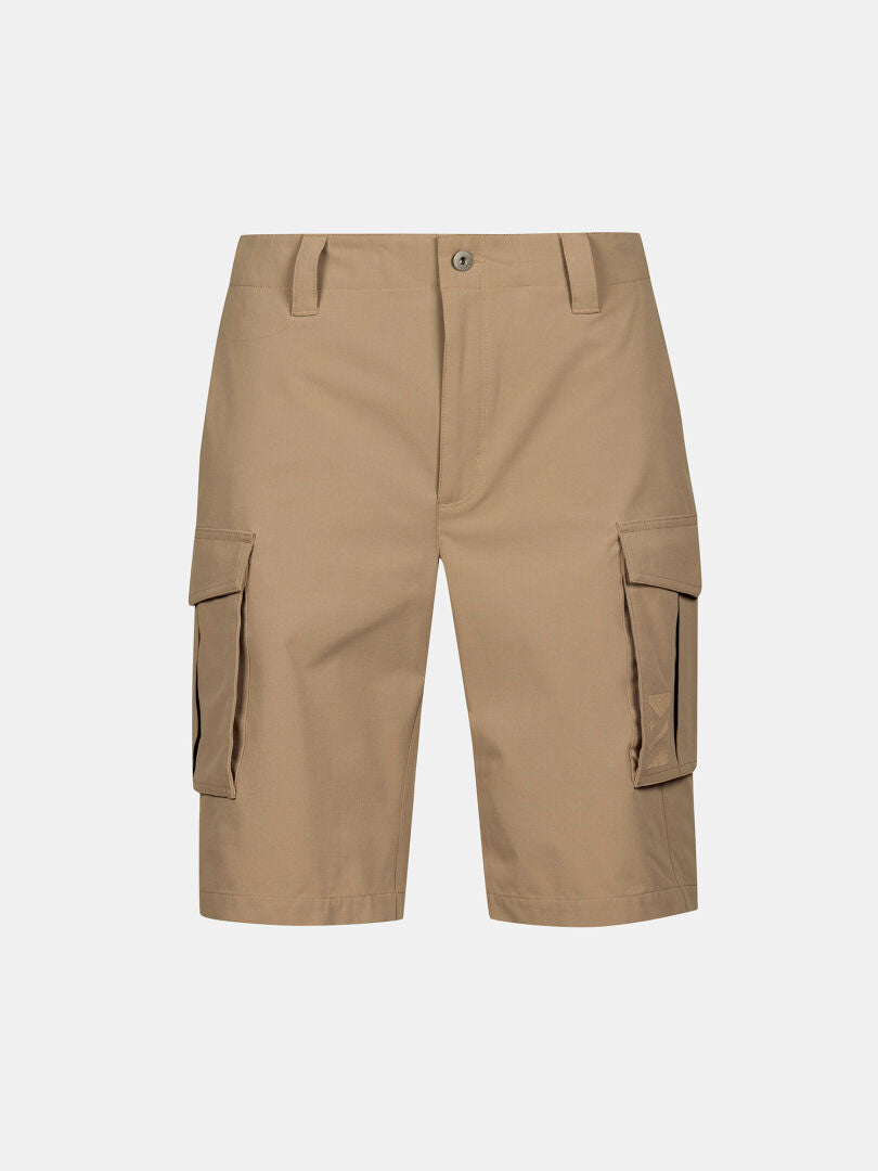 Halti Roams Shorts Mens: khaki, stretchy ripstop cargo shorts with belt loops, button closure, large side pockets.