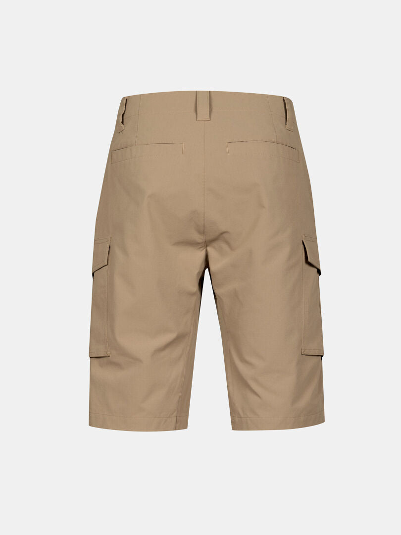 Back view of Halti Roams Shorts Mens in beige ripstop, with belt loops and flap pockets, on a plain background.