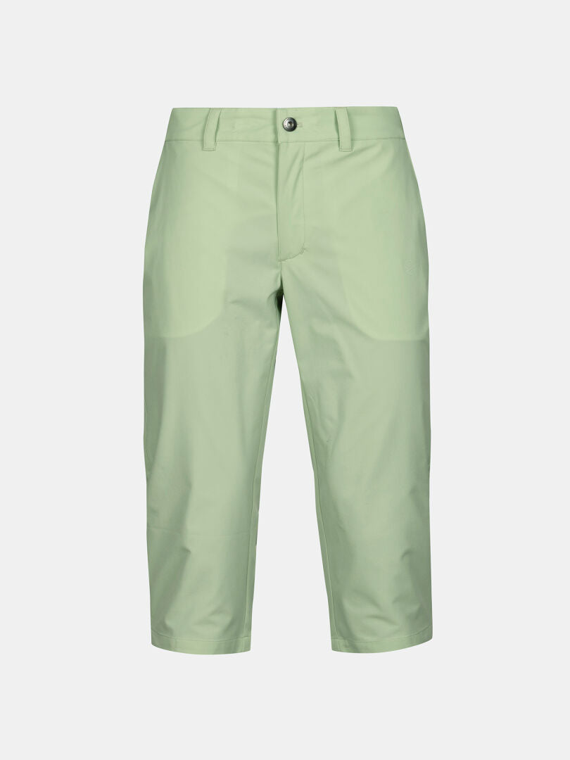 Halti Drive X-stretch Womens capri pants in light green with UPF 50+, belt loops, and straight-leg fit on white background.