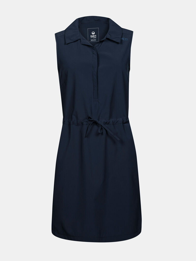 Halti Chipper X-stretch Dress Womens: navy, sleeveless, drawstring waist, button placket, quick-dry fabric.