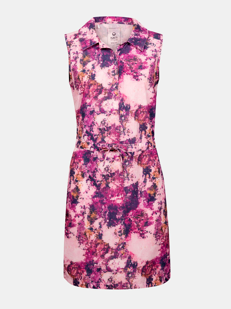 Halti Chipper X-stretch Dress for women: sleeveless, abstract pink/purple, quick-dry fabric with matching belt.