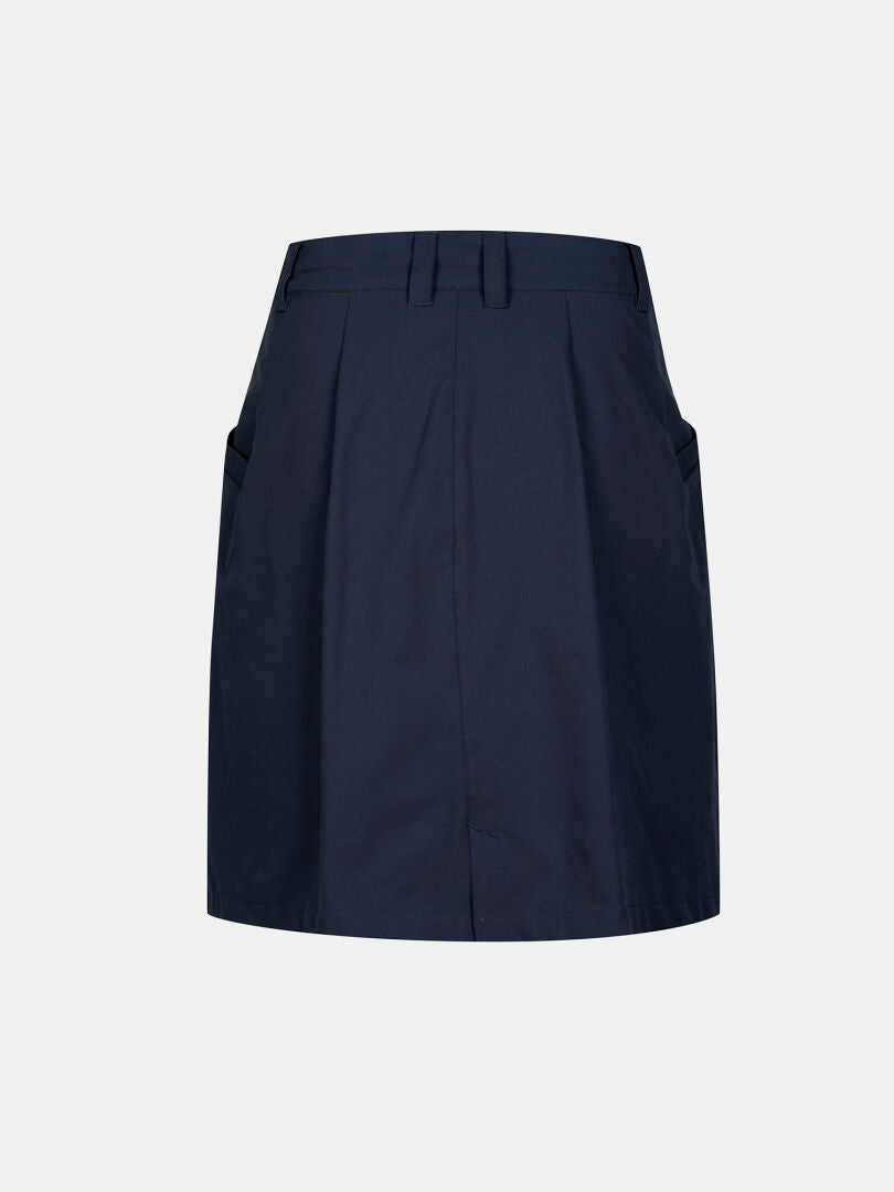 Halti Drive X-stretch Womens Skort in navy with quick-dry stretch, belt loops, and side pockets on white background.