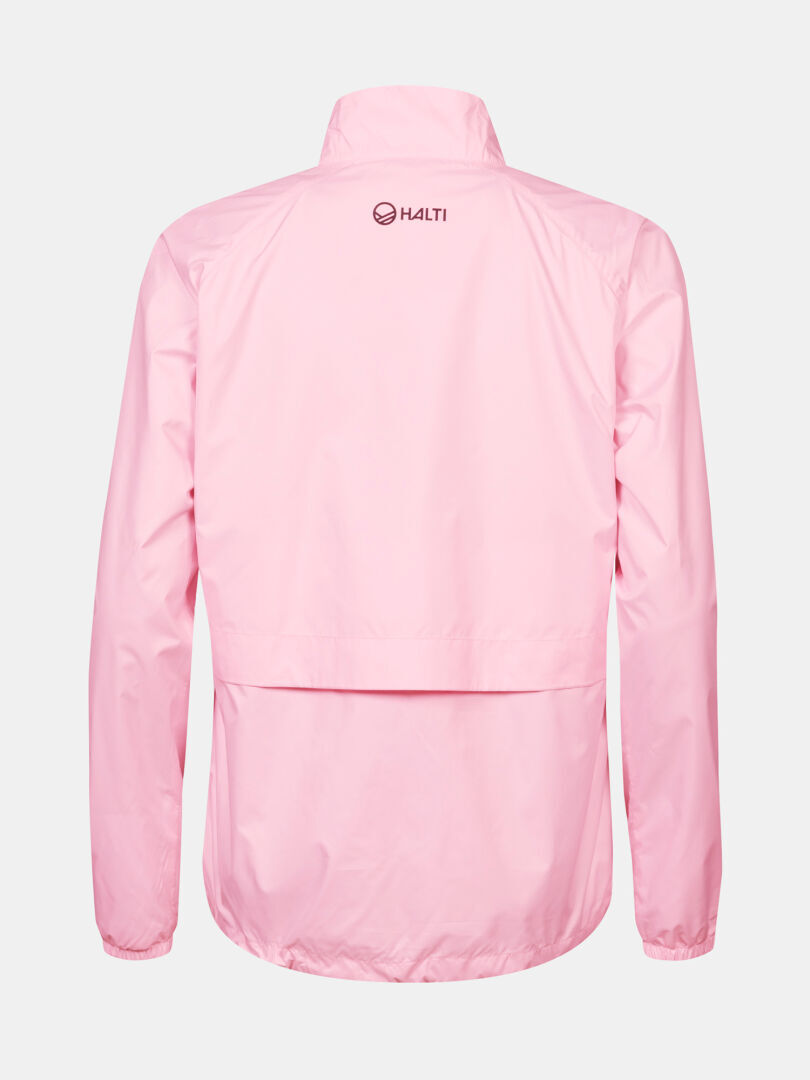 Back view of Halti Saime Windbreaker Jacket Women's in light pink with windproof fabric and high collar featuring logo.