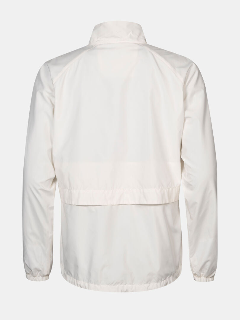 Back view of Saime Windbreaker Jacket Women's by Halti, white, windproof, stand-up collar, elastic cuffs on white background.