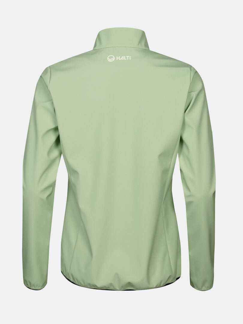 A light green Halti Wedge Softshell Jacket for women, windproof, seen from the back with logo near the collar.