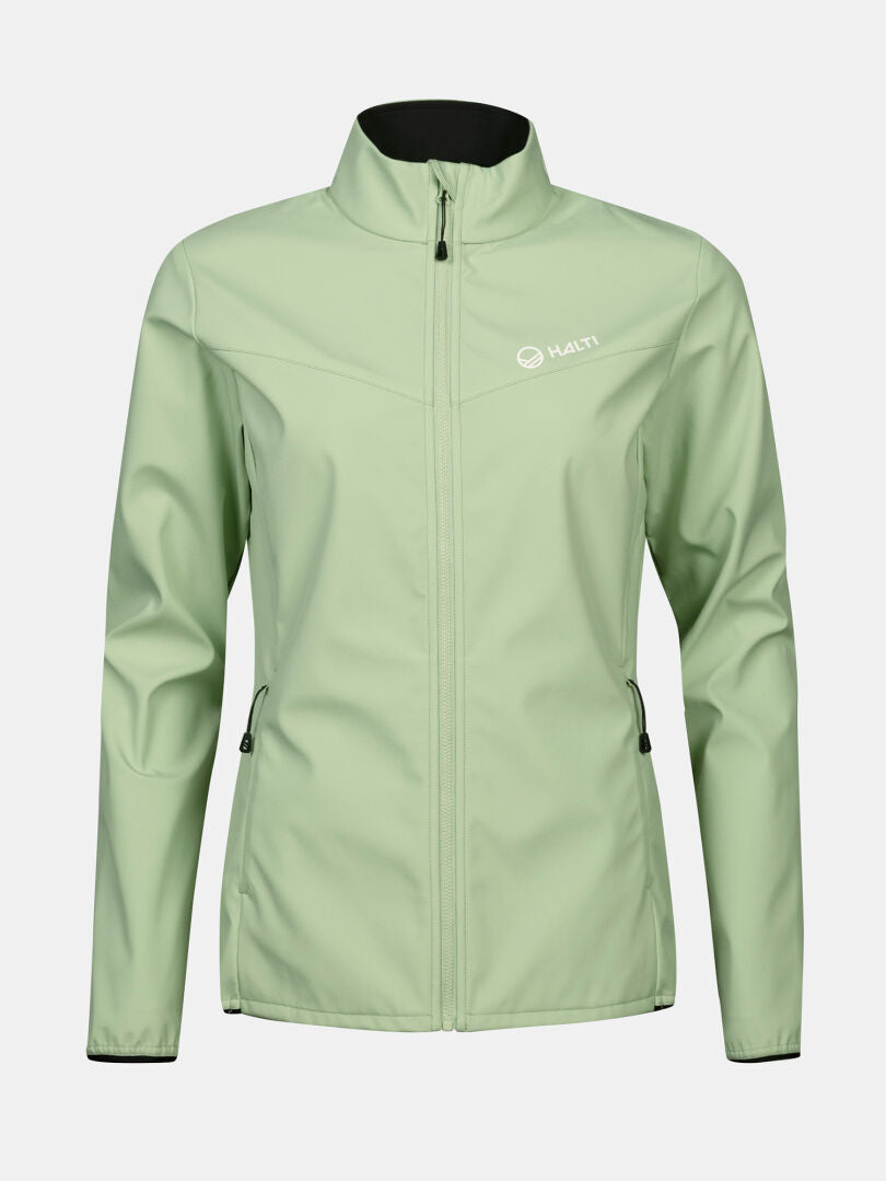 Halti Wedge Softshell Jacket Womens in light green with zip pockets, high collar, and PFC-free water-repellent finish.