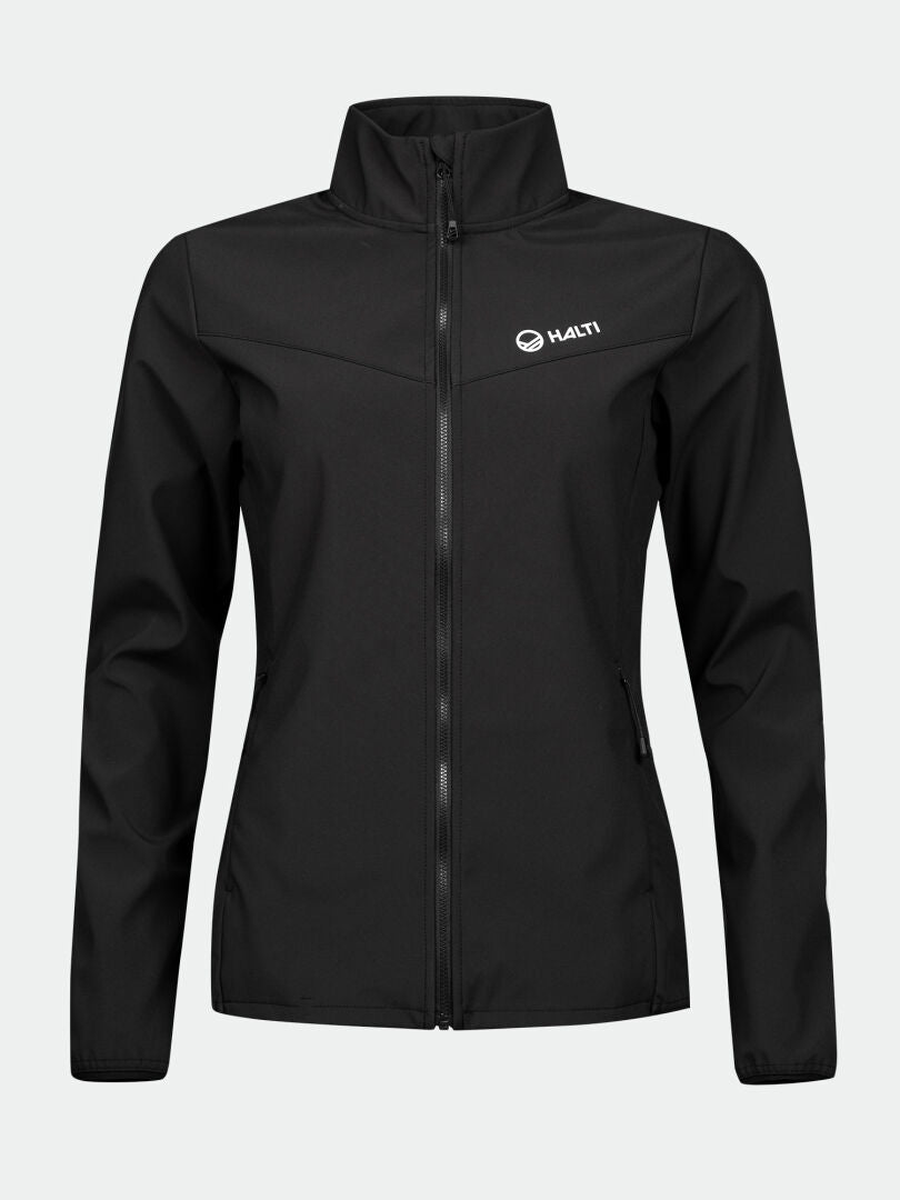 Halti Wedge Softshell Jacket Womens—black, zip-up, windproof, long sleeves, high collar, Halti logo on chest.