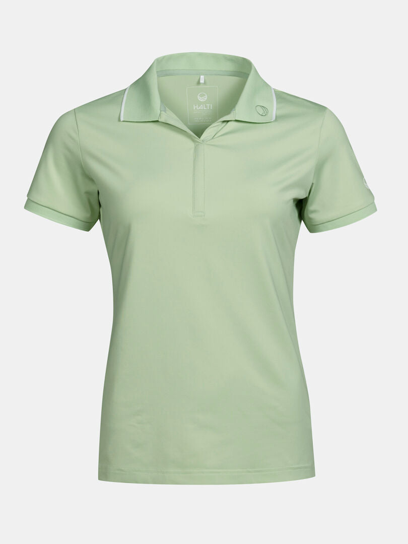 Halti Swingi Technical Polo Shirt Women's in light green recycled polyester, with collar, buttons, and subtle logo details.