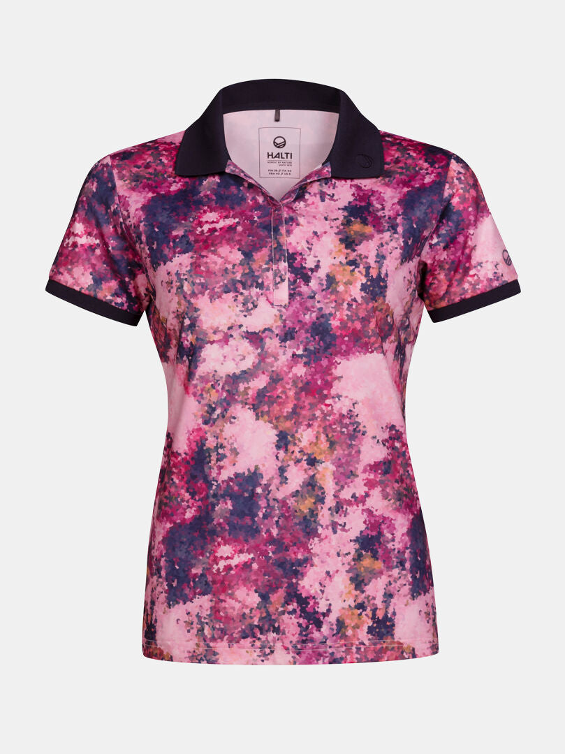 Halti Swingi Technical Polo Shirt Women's: black-collared, vibrant abstract print in recycled polyester jersey.