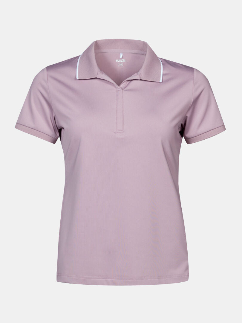 Halti Swingi Technical Polo Shirt Women's: light purple, recycled polyester, collar, white trim on white background.