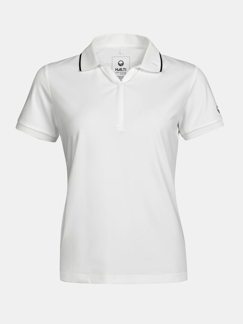 Halti Swingi Technical Polo Shirt Women's: white, short sleeves, black piping, collar, recycled polyester jersey.