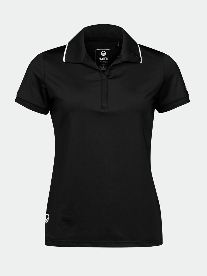 Halti Swingi Technical Polo Shirt for women in recycled polyester jersey with white trim and a small left-side logo.
