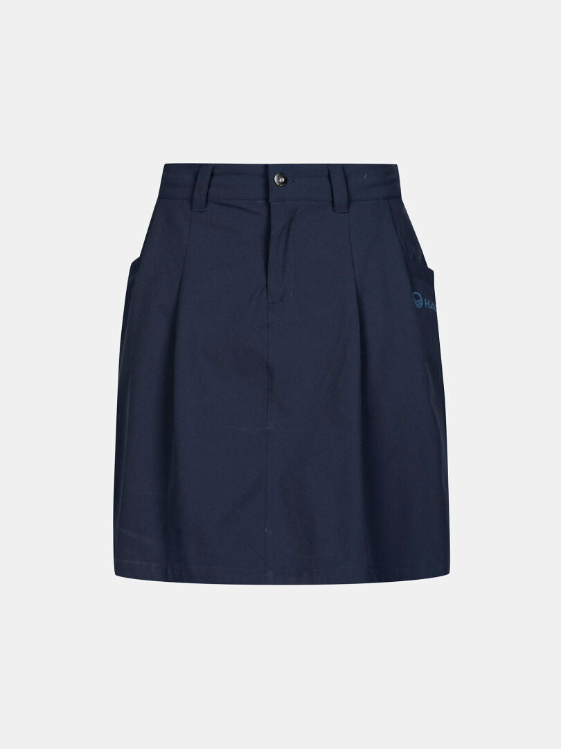 Halti Drive X-stretch Skort Womens Plus in navy blue with belt loops, button, and pockets, shown on white.