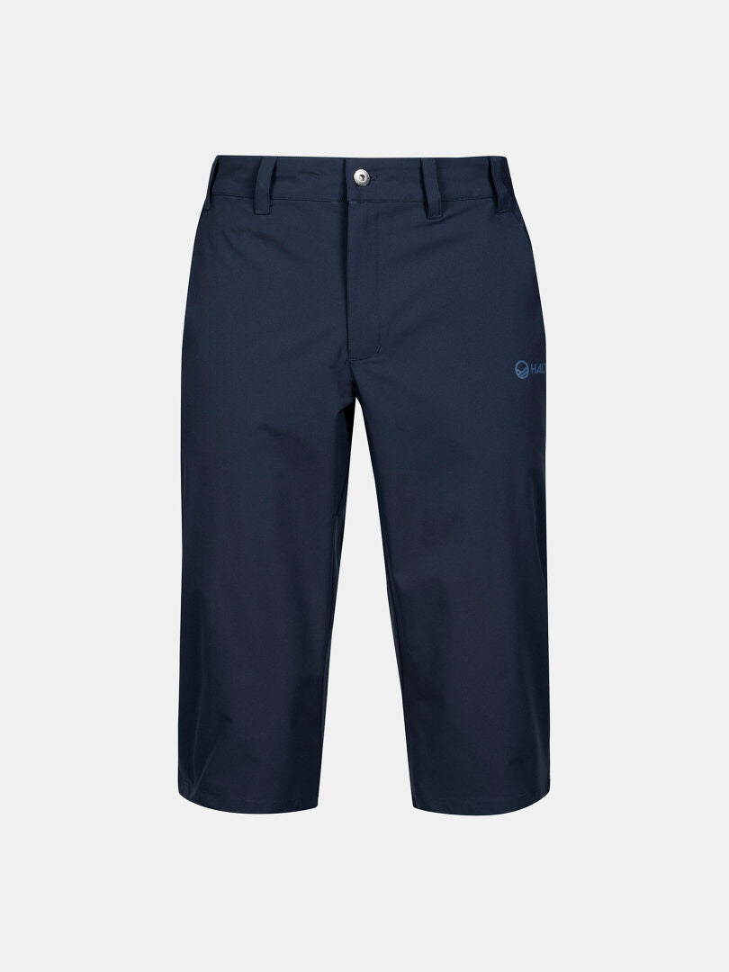 Halti Drive X-stretch Capri Pants Men's: navy blue, knee-length, quick dry, belt loops, button closure, small left logo.