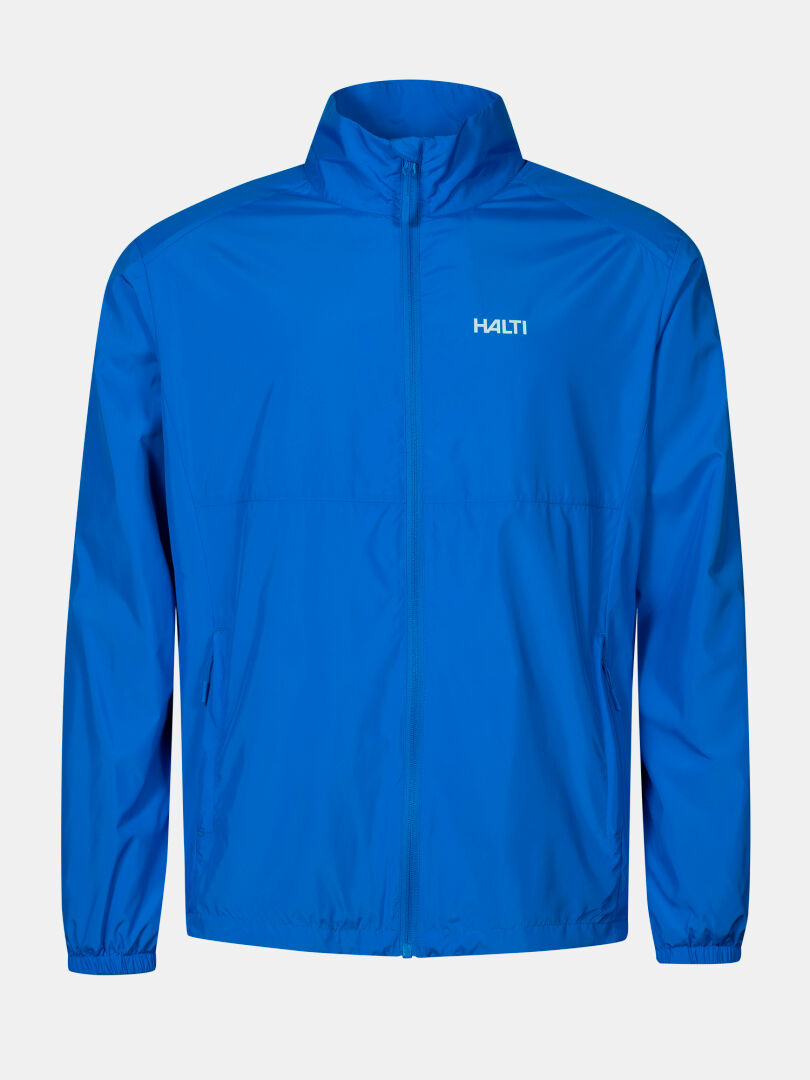 Halti Saime Windbreaker Jacket Men's in bright blue with high collar, elastic cuffs, logo; made from recycled materials.