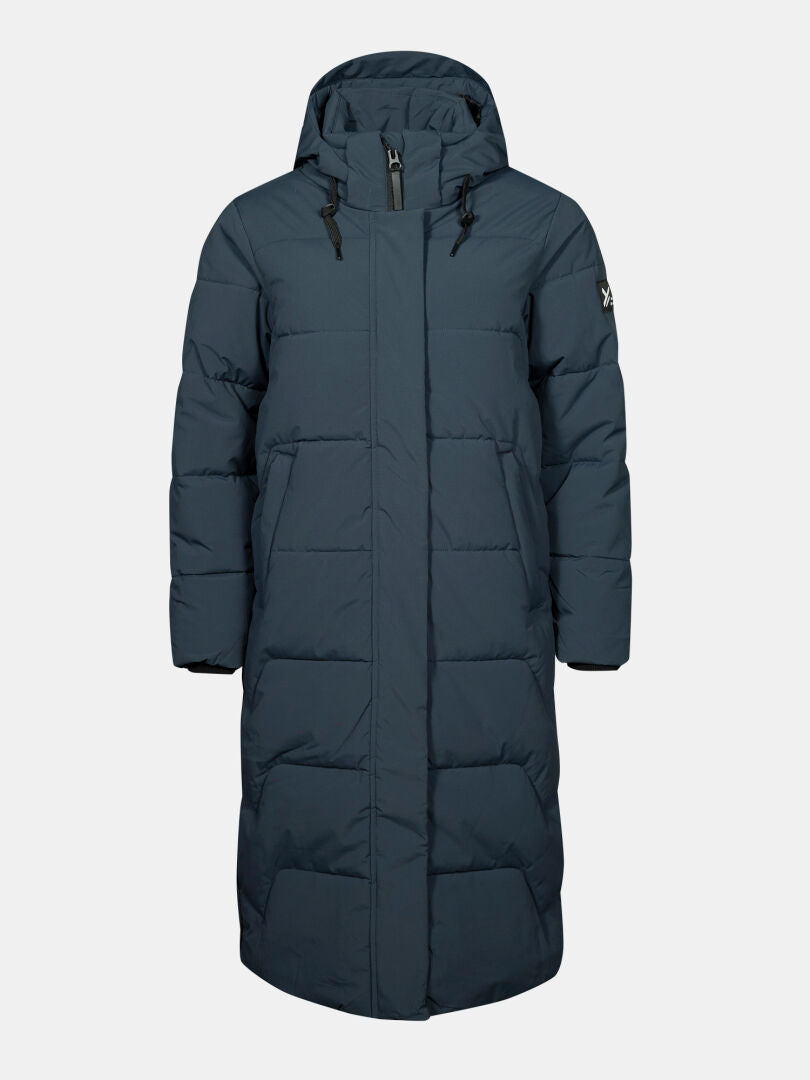 Halti Brahe Puffer Long Winter Jacket for women in dark blue, with zipper and drawstrings, made from recycled polyester.
