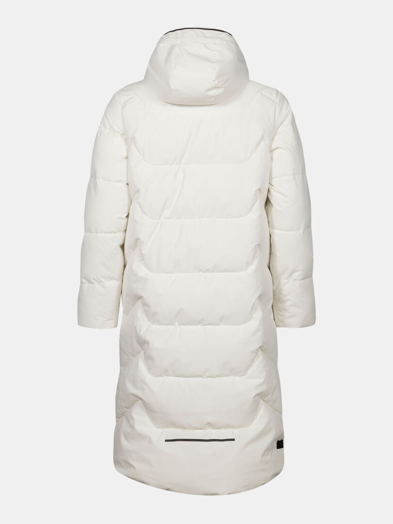 Back view of Halti Brahe Puffer Long Winter Jacket for women, hooded and made from recycled polyester, on plain background.