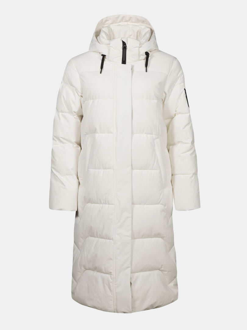 Halti Brahe Puffer Long Winter Jacket for women in white recycled polyester with hood, black zipper, and drawstrings.
