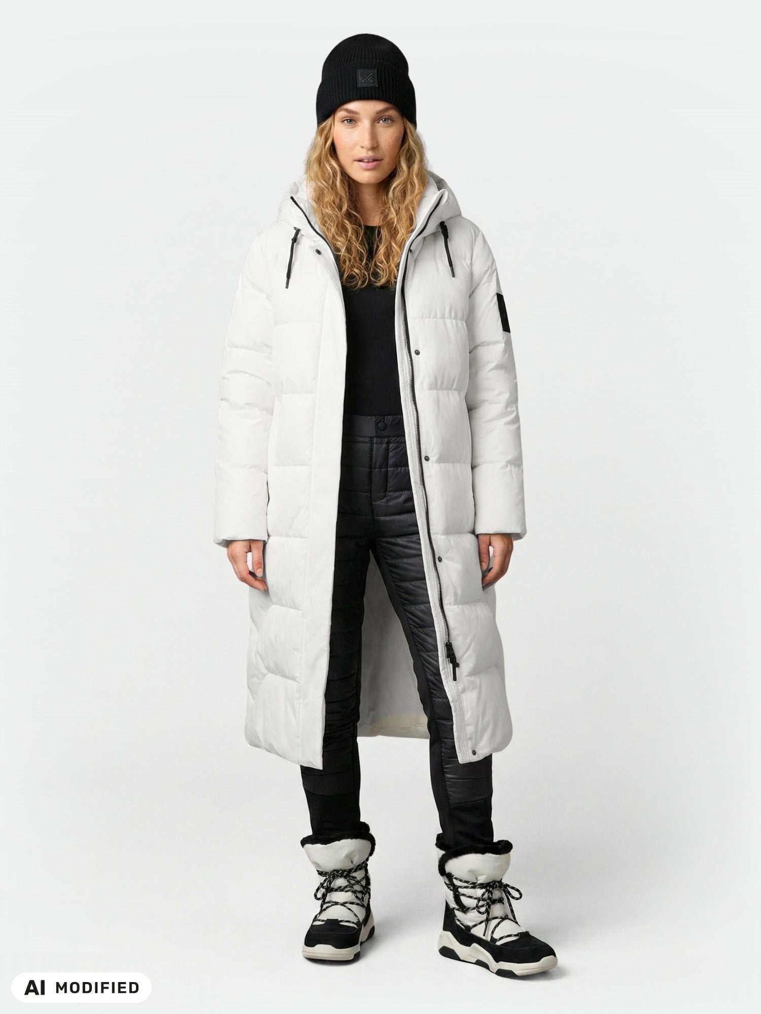 A woman wears the Halti Brahe Puffer Coat, a long white recycled-polyester winter coat, with black pants and boots.