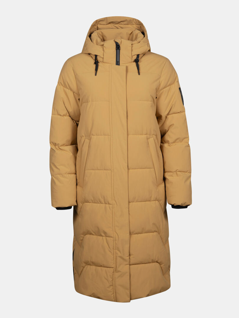 Halti Brahe Puffer Long Winter Jacket: tan, hooded, recycled polyester with zipper, drawstrings, and quilted sections.