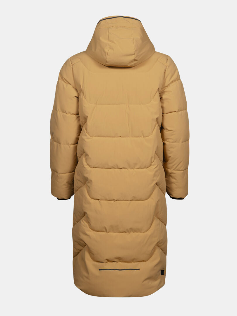 The Halti Brahe Puffer Long Winter Jacket Women's in tan, knee-length with a hood, shown from the back on white.
